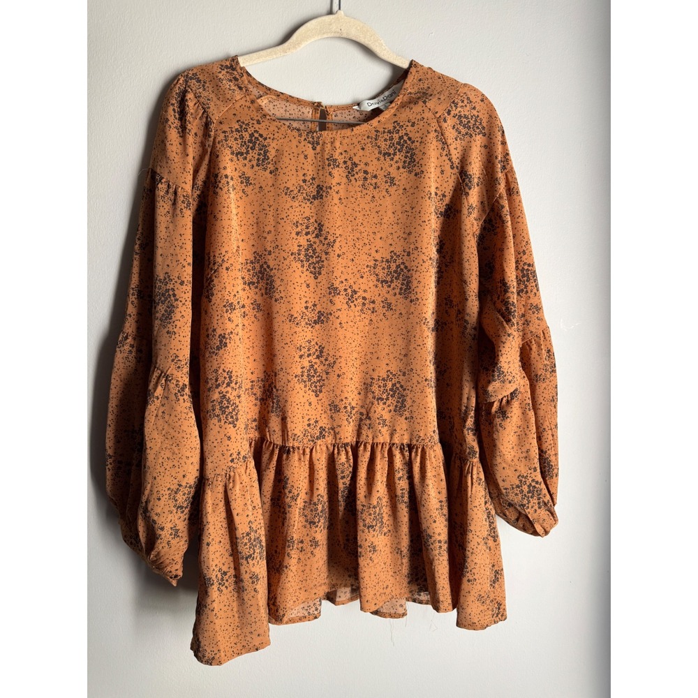 Davi & Dani Women Rust Orange Speckle Print Peplum Balloon Sleeve Blouse Small